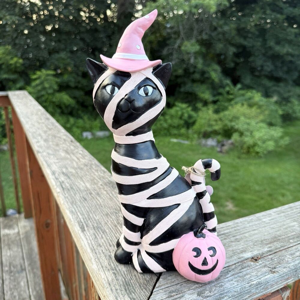 NEW Black Mummy Cat Pink Pumpkin Witch Hat Decor Halloween Pinkoween 12.5"